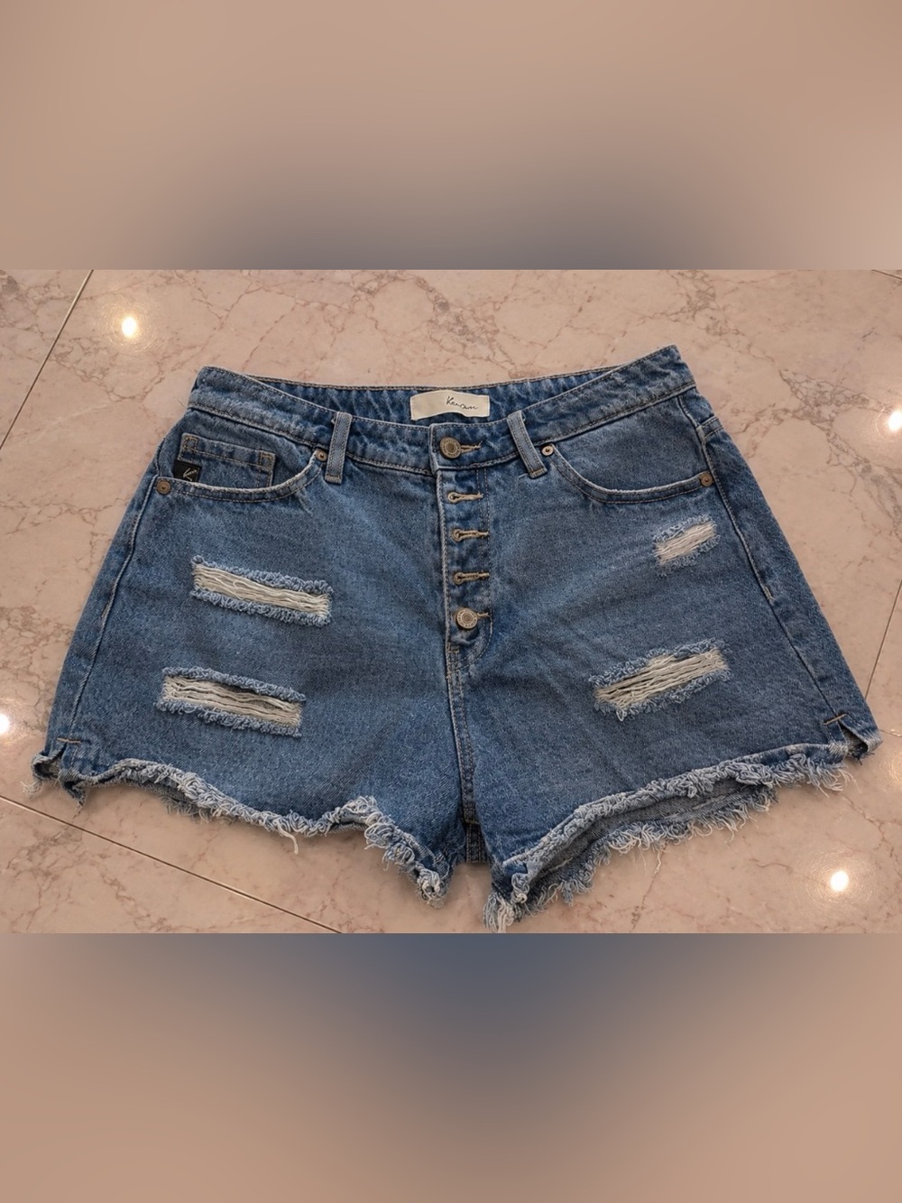 KanCan Distressed Blue Denim High-Waist Button-Front Shorts